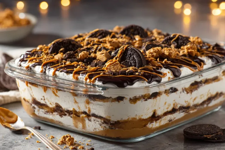 Delicious no bake peanut butter chocolate lasagna dessert layered in a dish