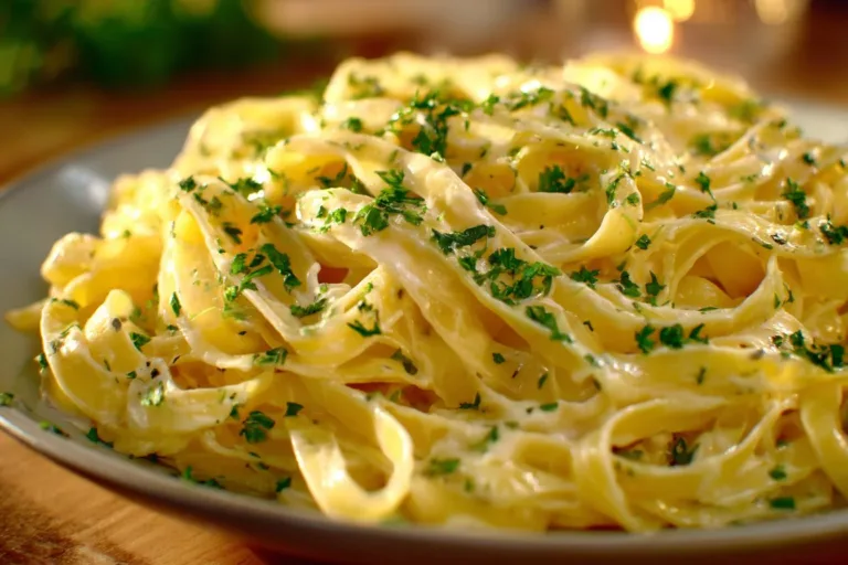 Delicious Olive Garden Alfredo Sauce pouring over fettuccine pasta