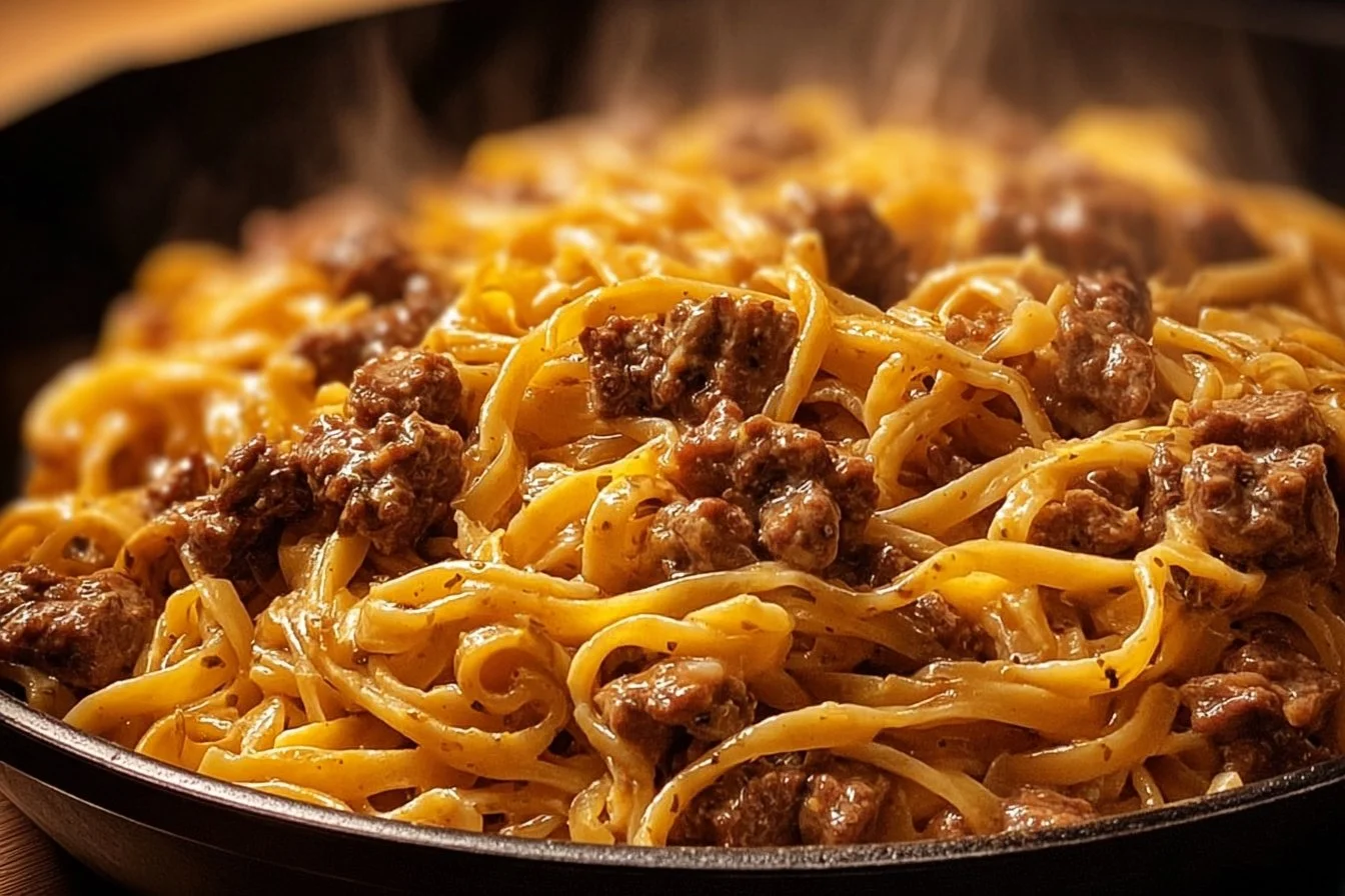 One-Pot Creamy Beef and Garlic Butter Pasta dish served in a bowl