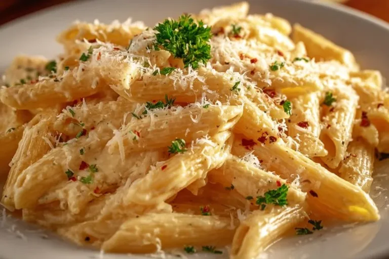 Delicious one pot creamy garlic pasta garnished with parsley