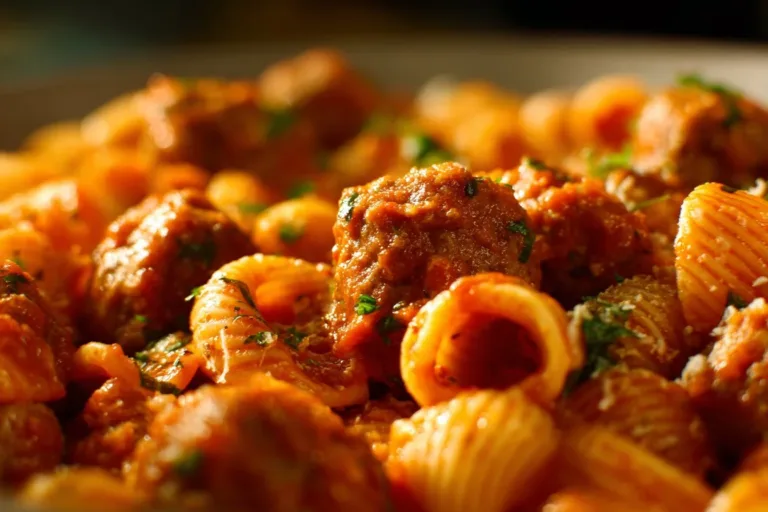 One pot meatball pasta with rich sauce and meatballs in a skillet