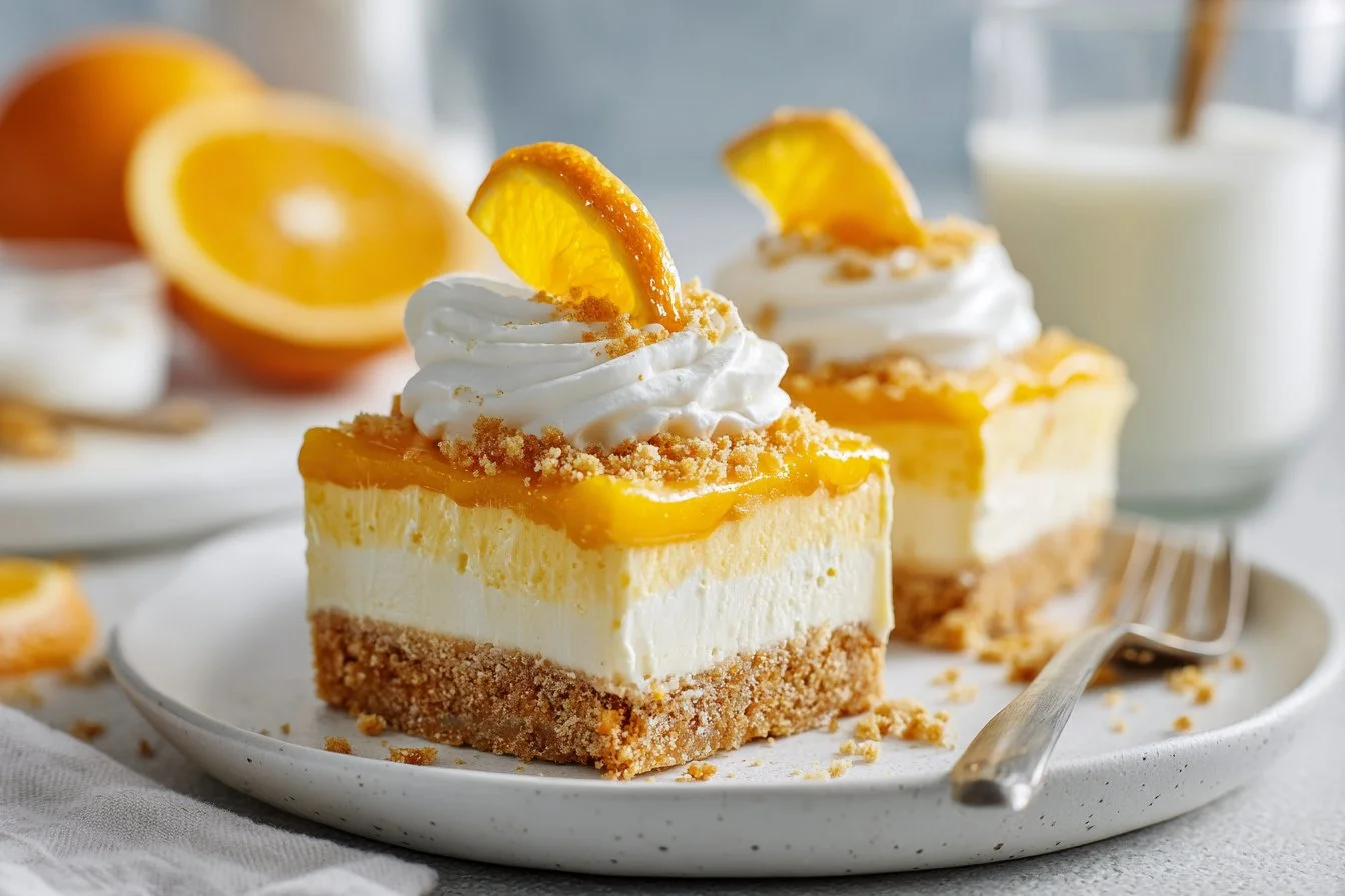 Orange Creamsicle Dream Bars with vibrant orange and creamy layers.