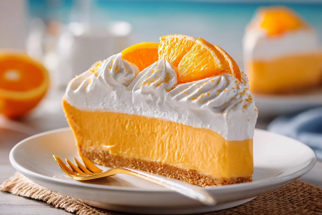 Slice of refreshing Orange Jello Creamsicle Pie on a plate