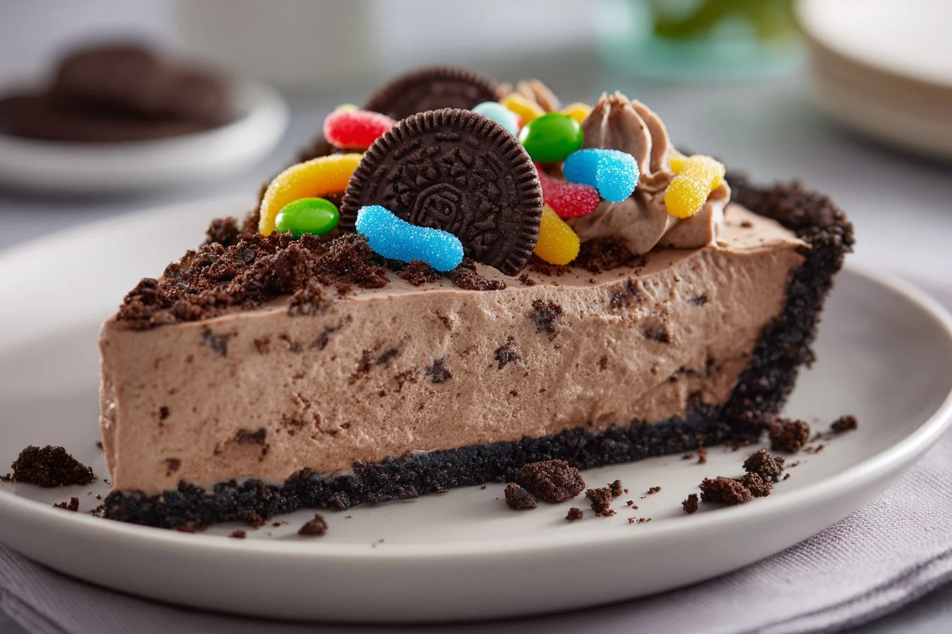 Delicious Oreo Dirt Pie topped with crushed Oreos and gummy worms