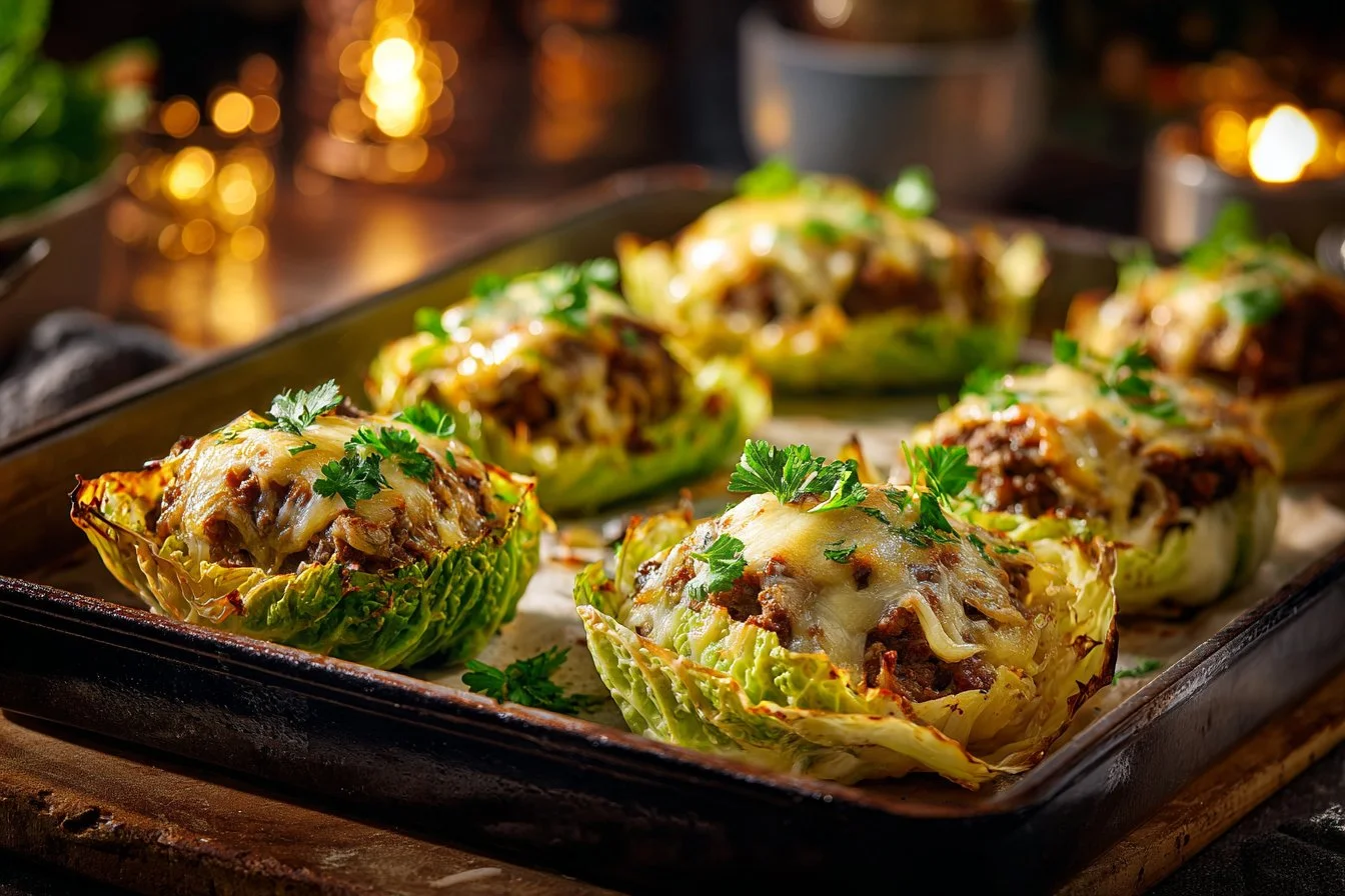 Oven-baked cabbage burgers topped with fresh herbs and served on a plate