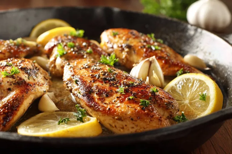 Juicy pan fried chicken breast served on a plate with fresh herbs and spices.