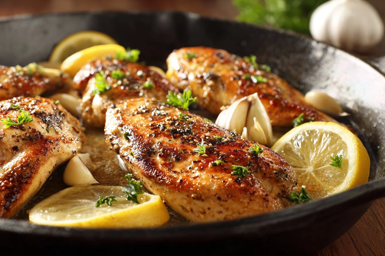 Juicy pan fried chicken breast served on a plate with fresh herbs and spices.