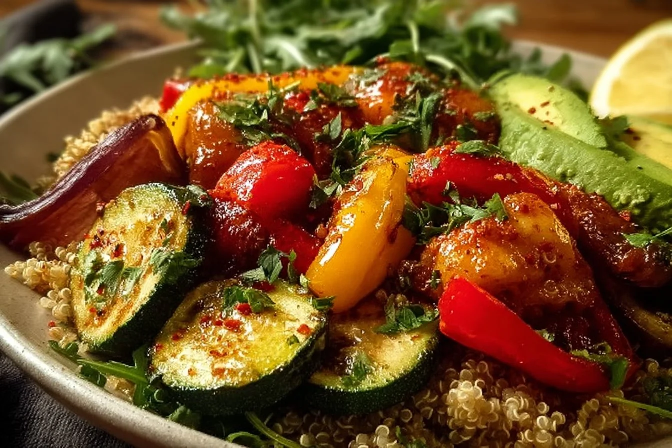 Bowl of Paprika Roasted Vegetable Quinoa with colorful roasted veggies