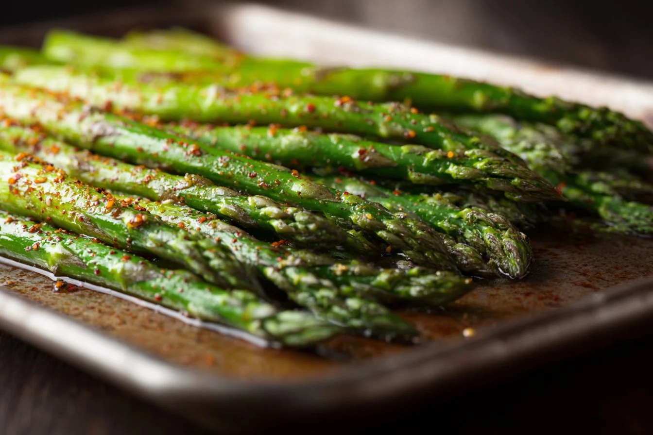 Oven-roasted asparagus topped with parmesan cheese and herbs