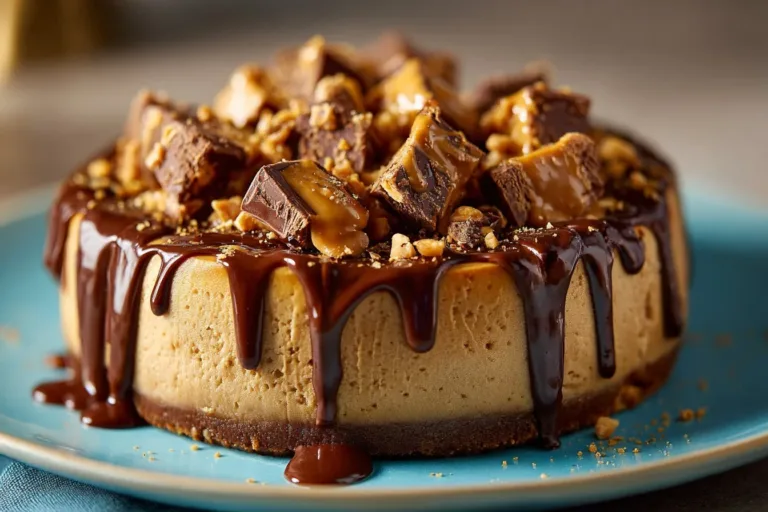 Delicious Peanut Butter Cheesecake topped with creamy peanut butter and chocolate