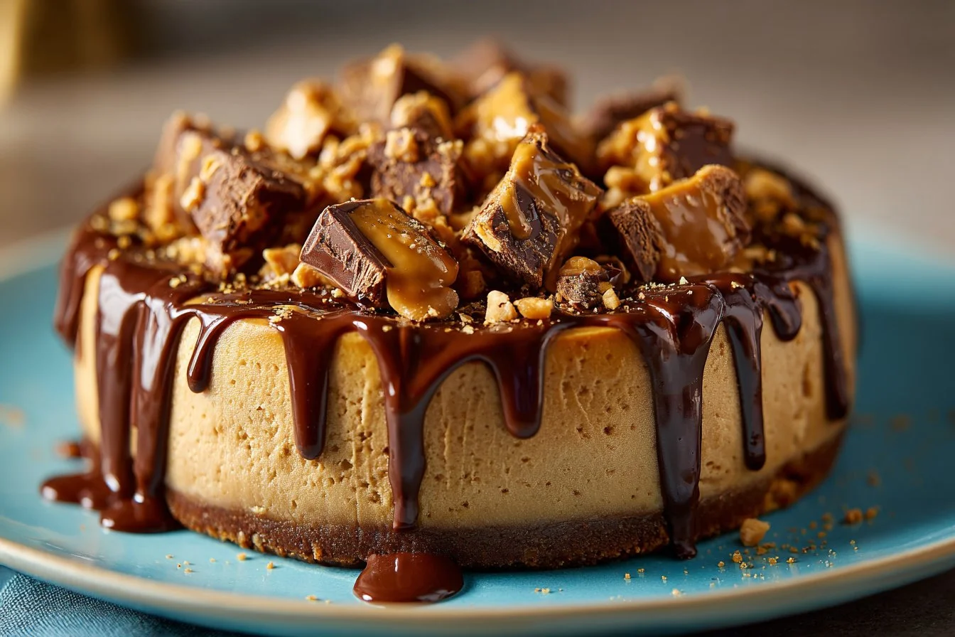 Delicious Peanut Butter Cheesecake topped with creamy peanut butter and chocolate