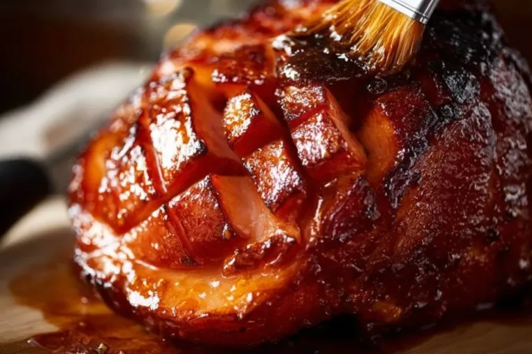 Perfect Brown Sugar Mustard Glazed Ham on a serving platter with herbs