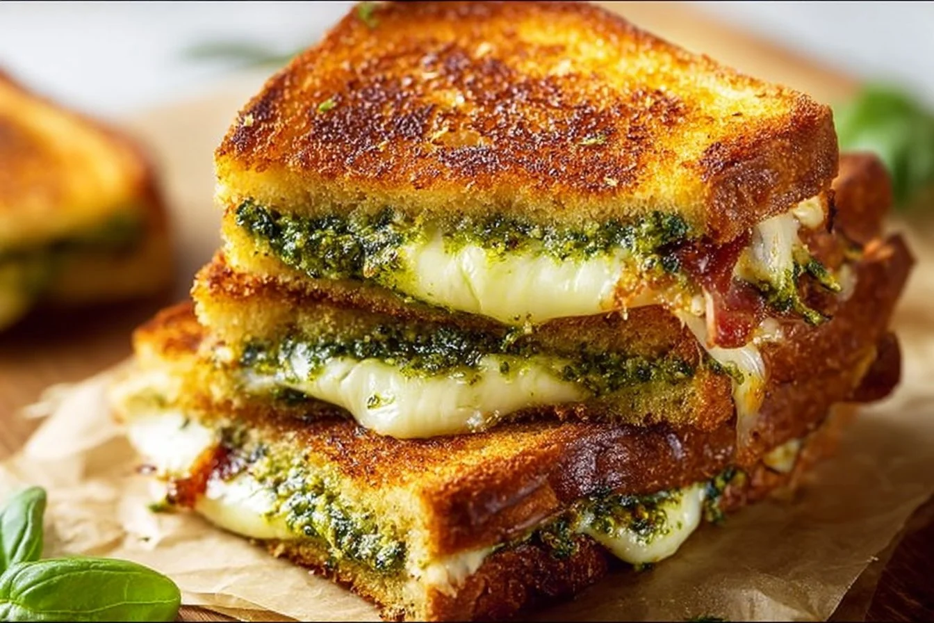 Delicious pesto grilled cheese sandwich with melted cheese and basil pesto