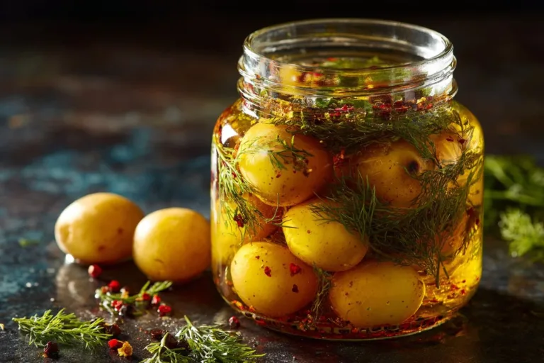 Jars of homemade pickled potatoes with herbs and spices