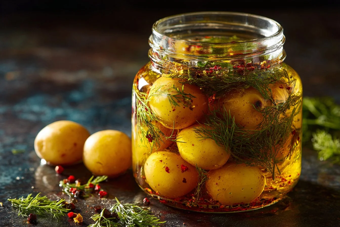 Jars of homemade pickled potatoes with herbs and spices