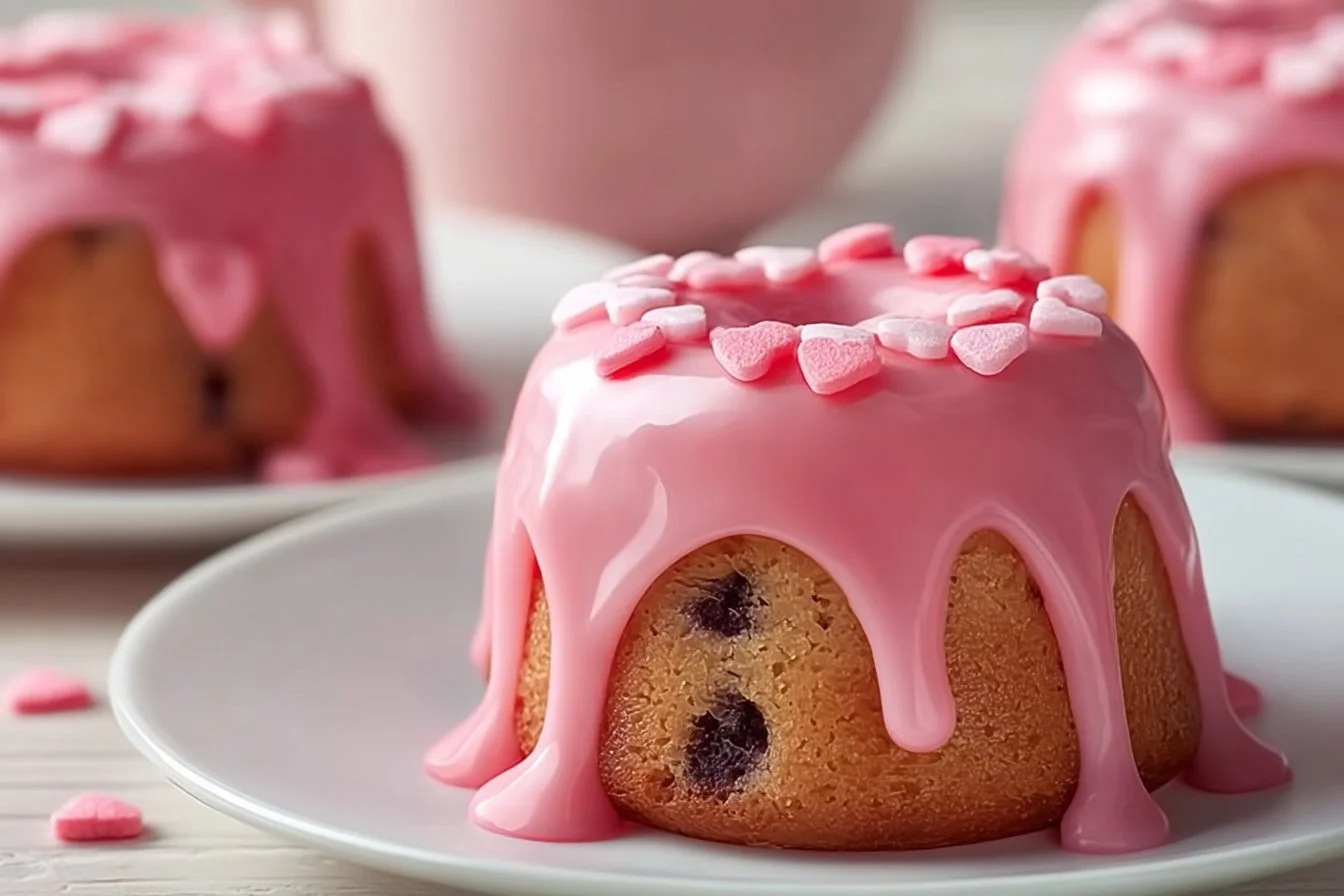 Pink Cookie Dough Mini Cakes topped with sprinkles and chocolate chips