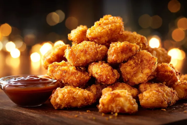 Delicious popcorn chicken meal served with dipping sauces and sides