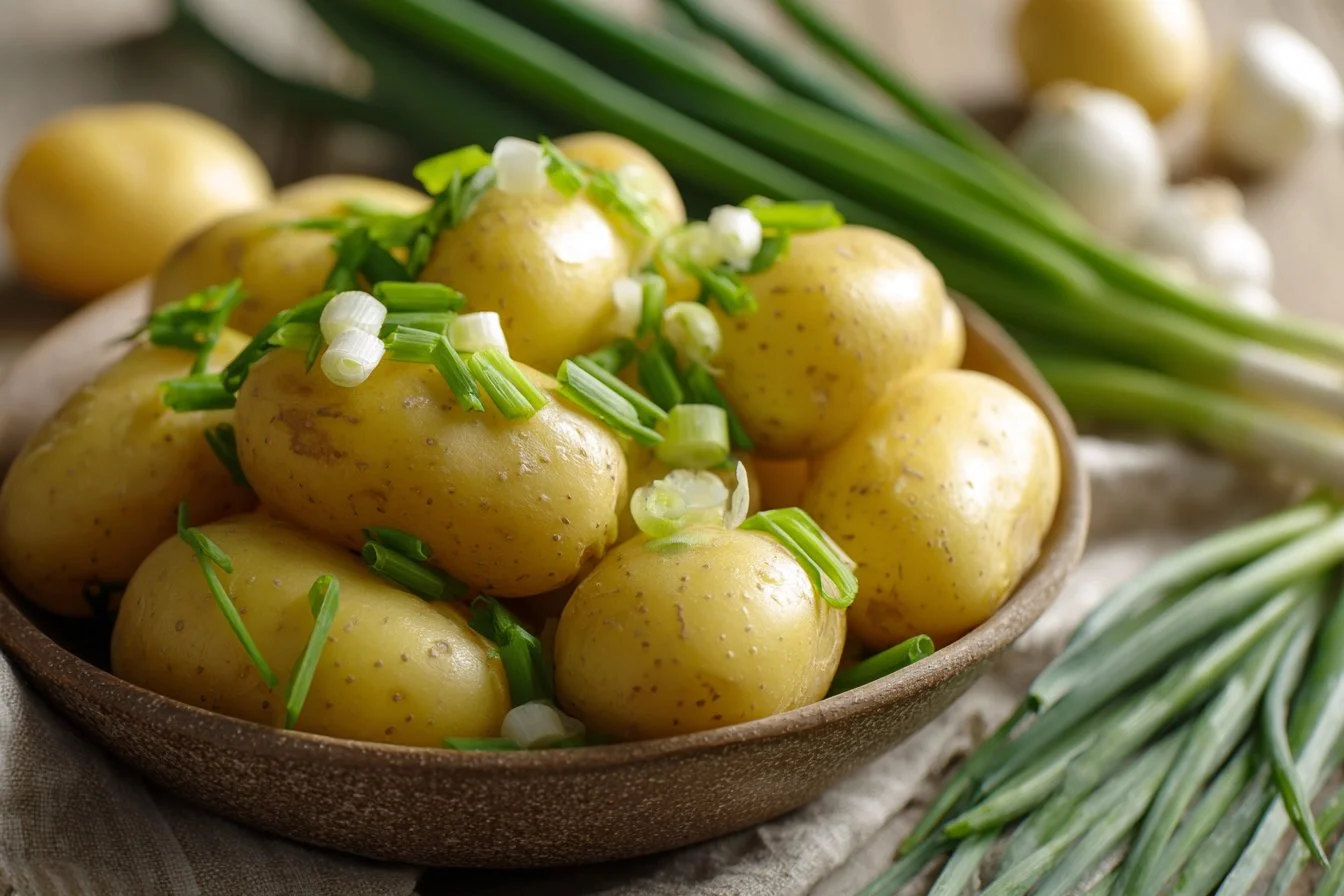 Creamy potato salad in a bowl garnished with fresh herbs