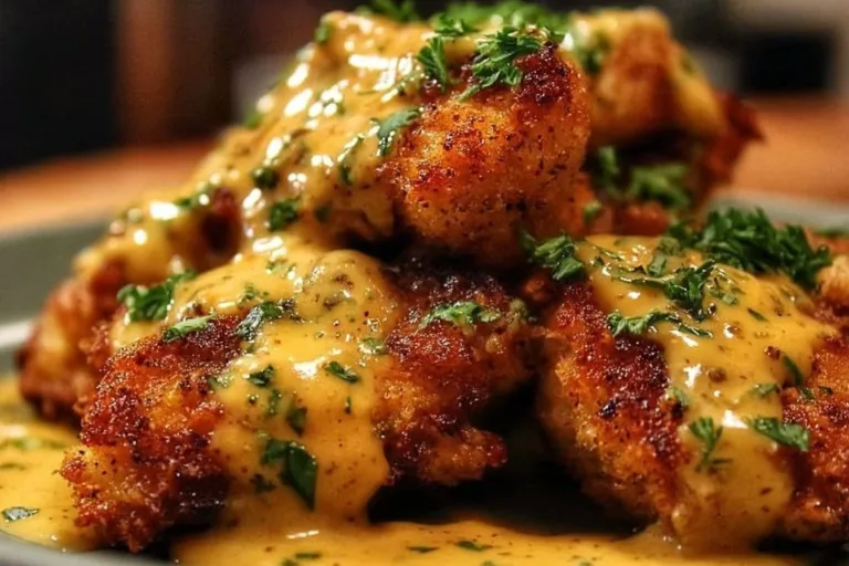 Crispy Pretzel Chicken served with dipping sauce on a plate