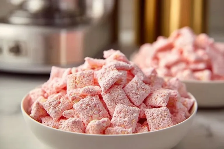 Quick strawberry shortcake puppy chow dessert in a bowl with strawberries