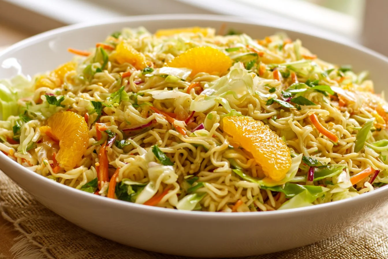 Colorful ramen noodle salad with vegetables and dressing