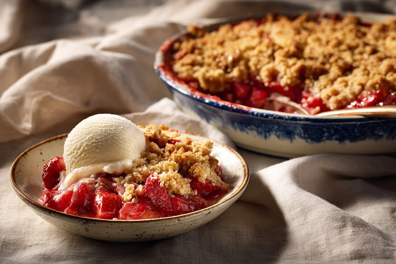 Delicious rhubarb crisp dessert topped with golden oat crumble