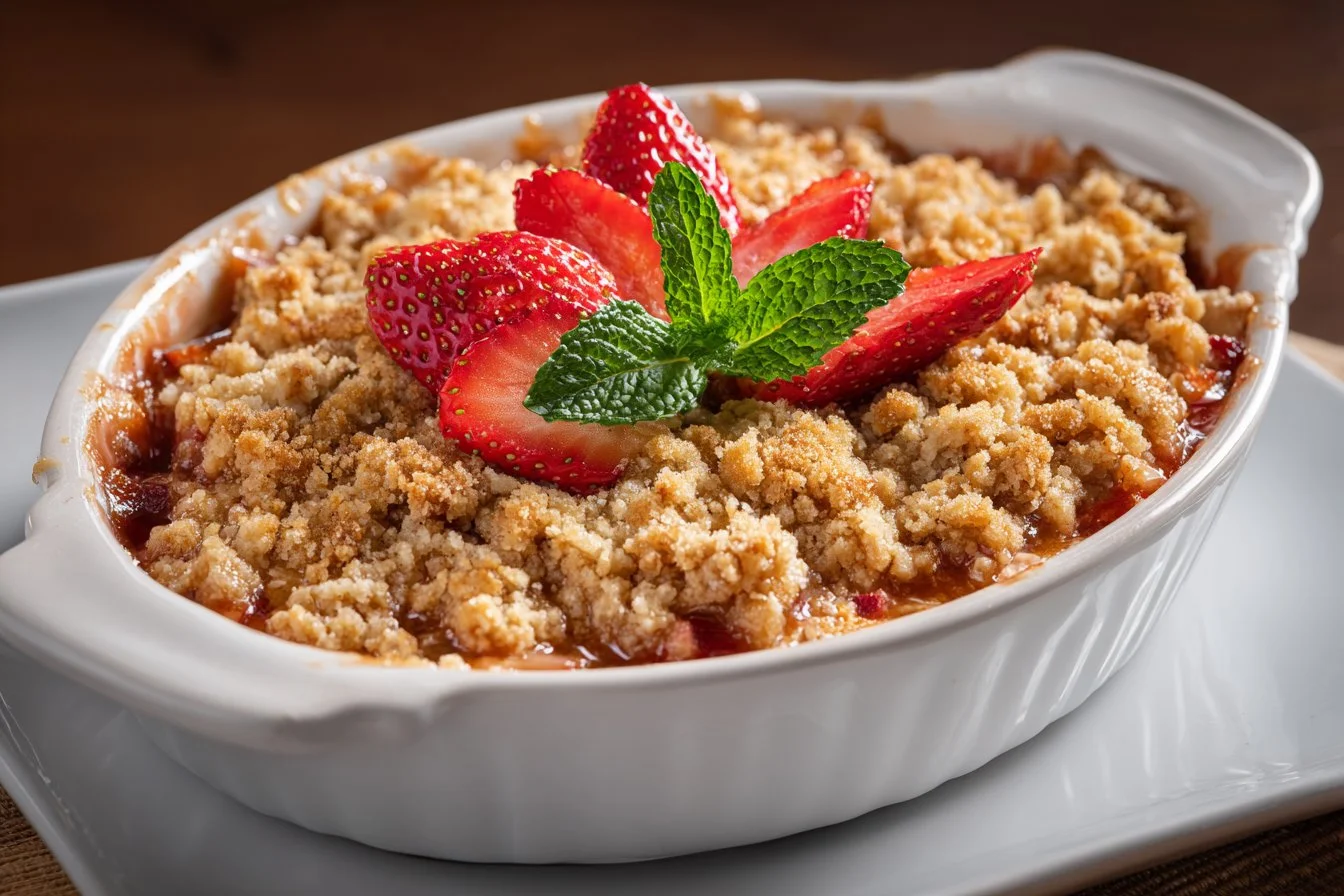 Rhubarb Strawberry Crisp with a golden topping and fresh fruit