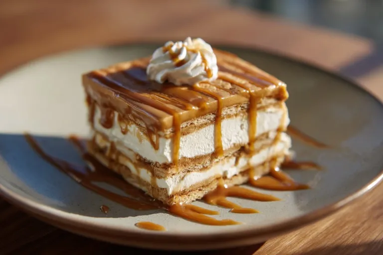 Ritz Cracker Salted Caramel Icebox Cake with layered texture and caramel drizzle