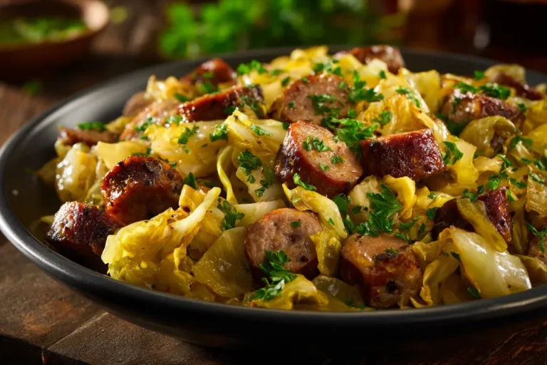 Sausage and Cabbage Stir Fry in a skillet with colorful veggies