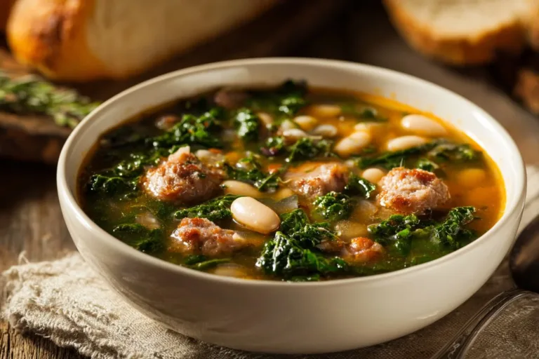 Bowl of Sausage and White Bean Soup with fresh herbs