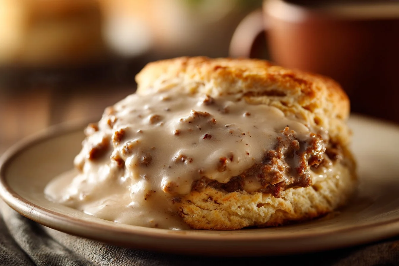 Delicious homemade sausage gravy served over biscuits.