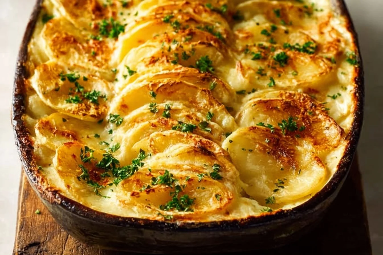 Deliciously baked scalloped potatoes in a creamy cheese sauce