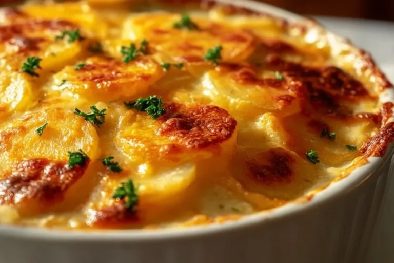 Creamy scalloped potatoes served in a dish