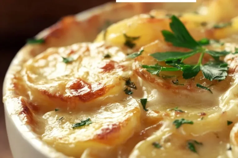Creamy scalloped potatoes baked to perfection in a casserole dish