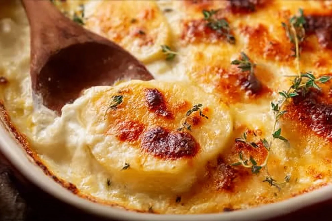 Delicious scalloped potatoes topped with melted cheddar cheese.