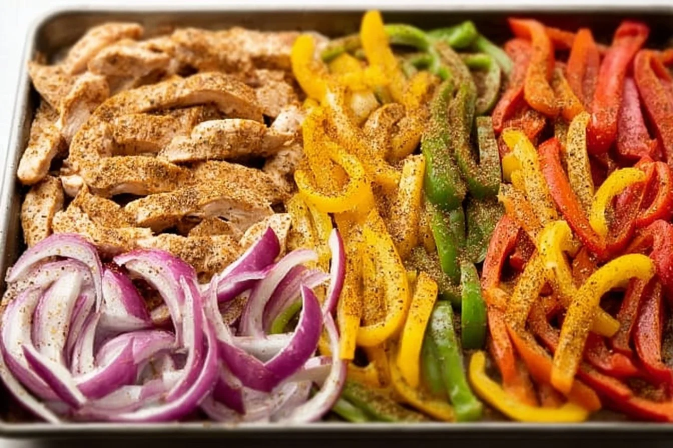 Sheet pan chicken fajitas with colorful peppers and onions ready to serve.