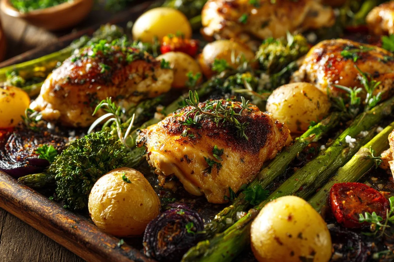 Sheet pan garlic butter chicken with roasted veggies for a flavorful dinner
