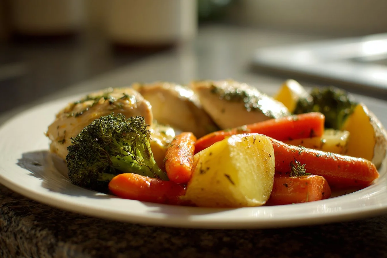 Sheet pan of Lemon Herb Chicken with colorful roasted vegetables.