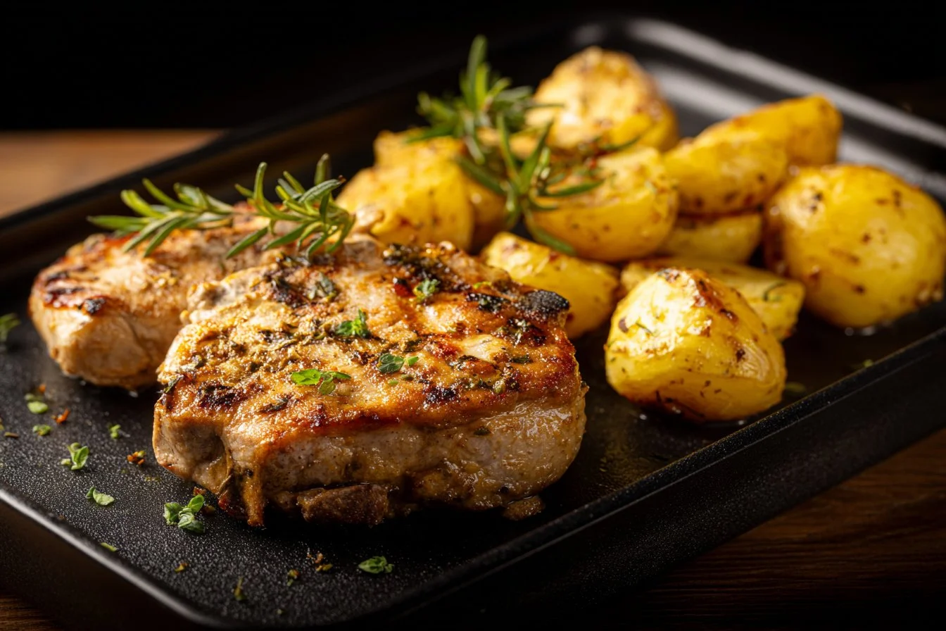 Sheet pan pork chops and potatoes ready to serve for a quick dinner
