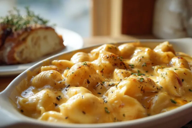 Delicious Shells and Cheese served in a bowl with fresh herbs