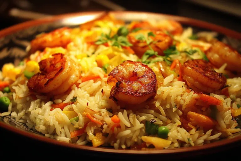 A vibrant bowl of shrimp fried rice with shrimp, vegetables, and seasonings.