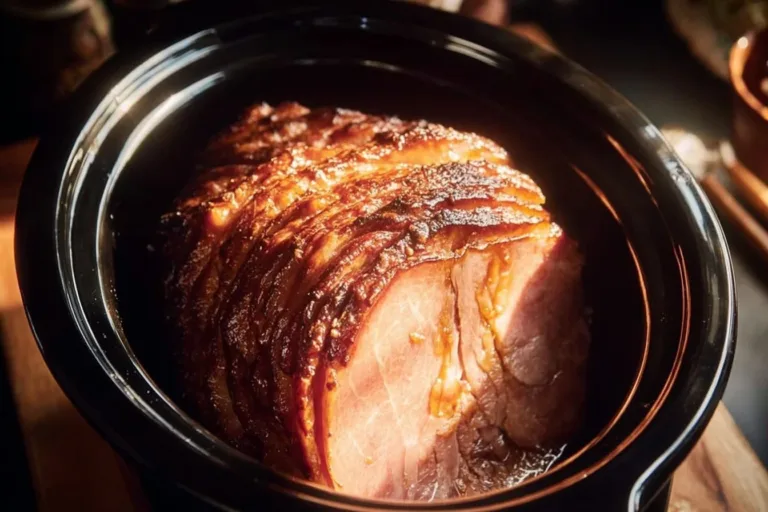 Delicious slow cooker ham served on a wooden table with herbs and spices
