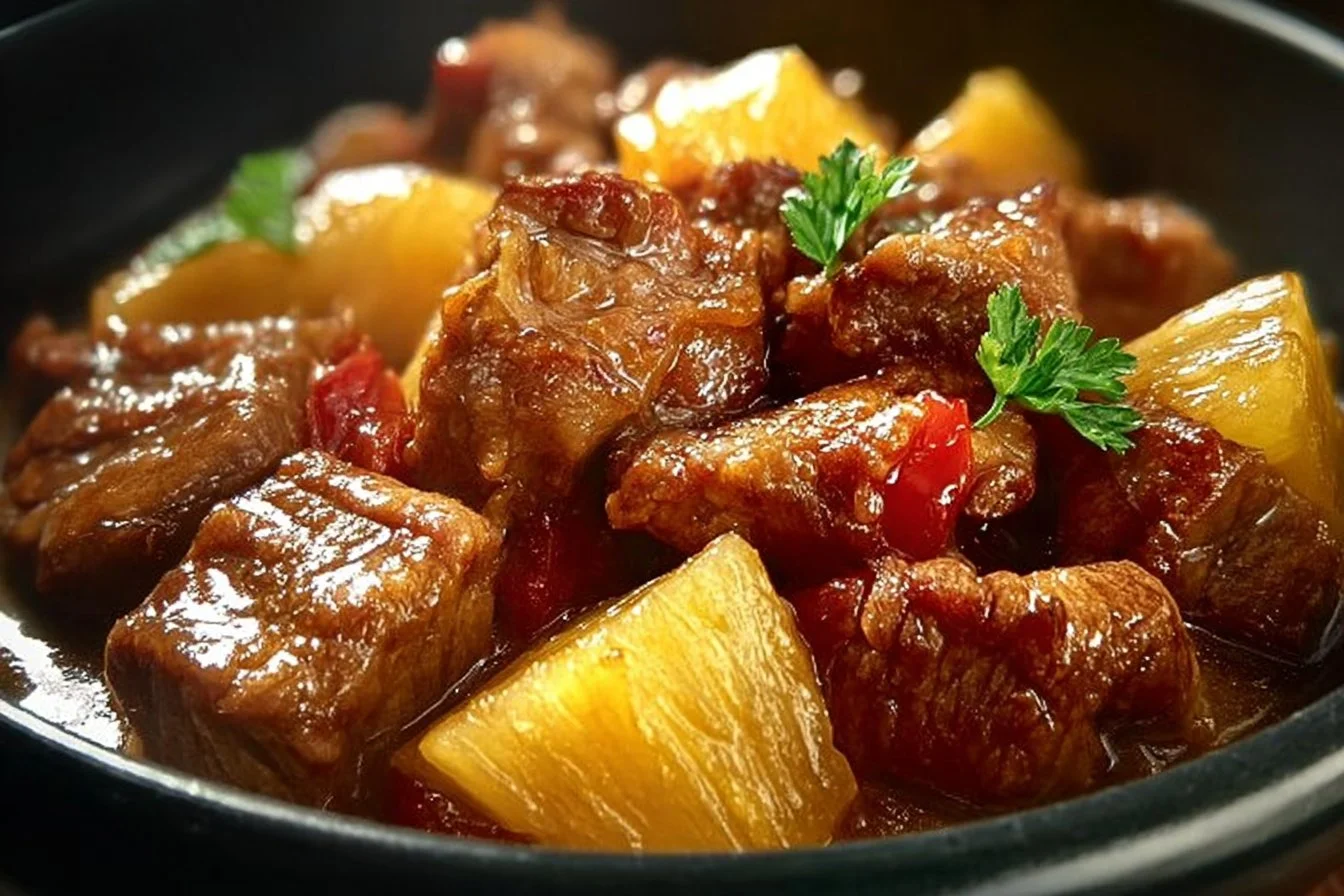Delicious slow cooker pineapple pork dish served with rice and pineapple chunks