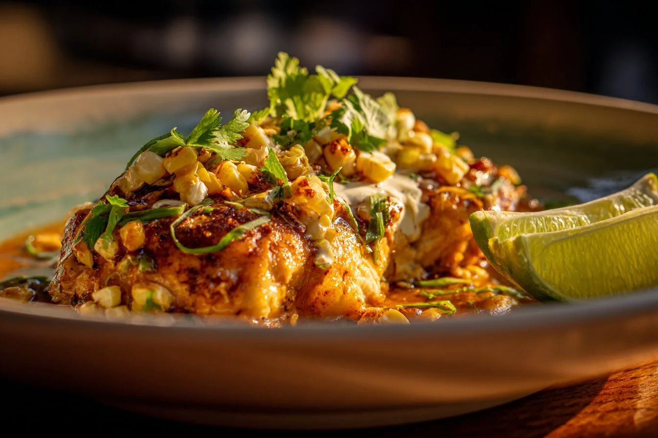 Delicious slow cooker street corn chicken served in a bowl with toppings.