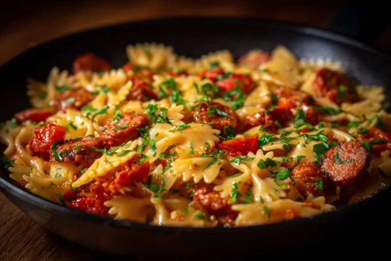 Delicious smoked sausage pasta served in a bowl with fresh herbs.