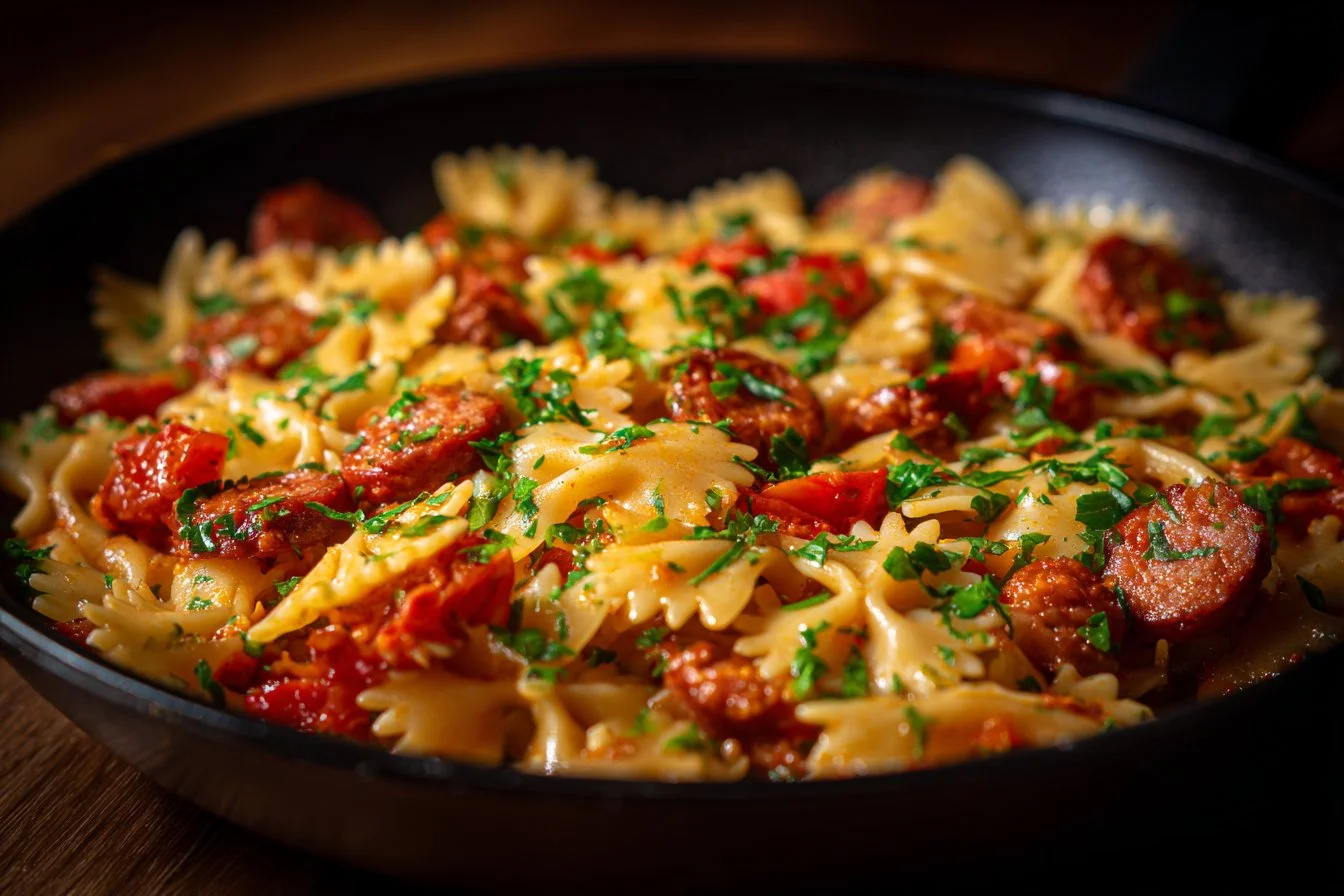 Delicious smoked sausage pasta served in a bowl with fresh herbs.
