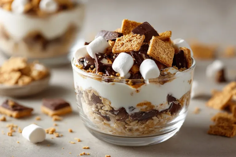 Bowl of s'mores overnight oats topped with chocolate and marshmallows