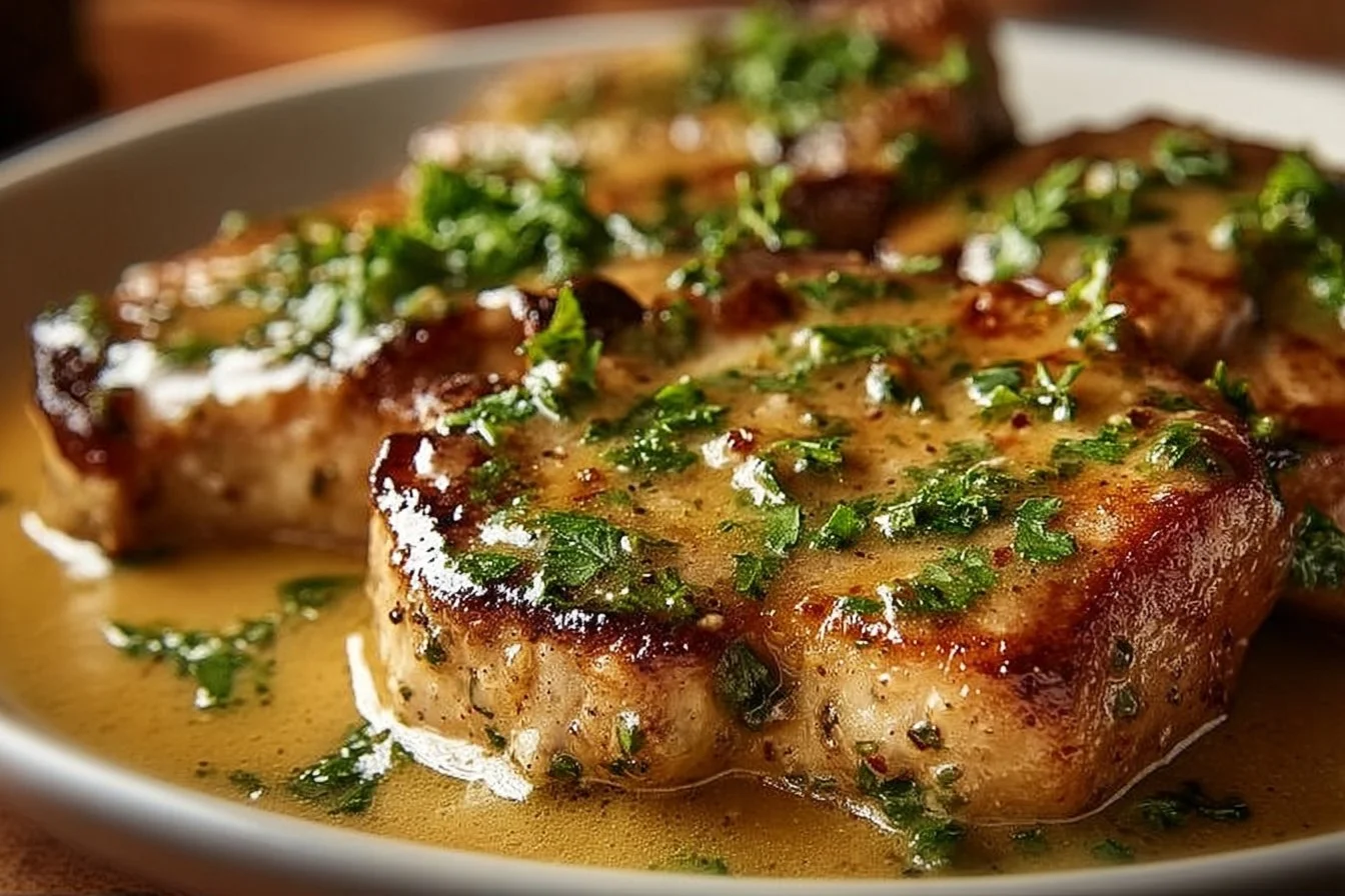 Smothered boneless pork chops in creamy garlic sauce served on a plate