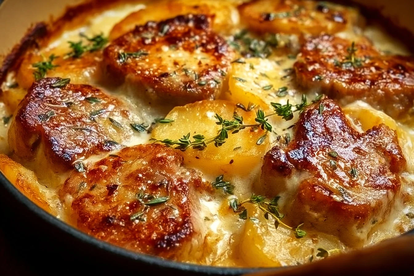Smothered pork chop casserole with scalloped potatoes dish