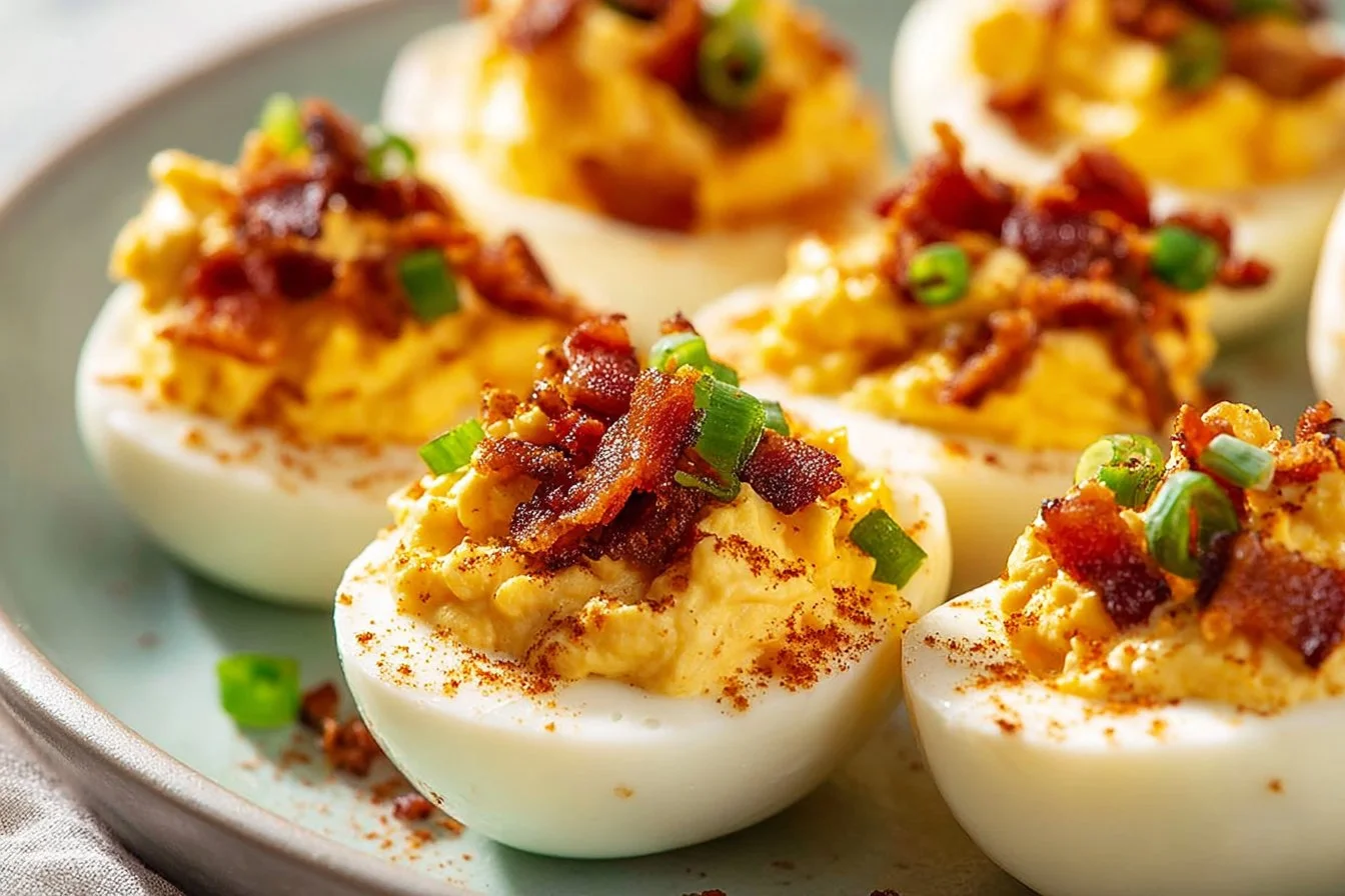 Delicious Southern Bacon Deviled Eggs topped with crispy bacon bits.